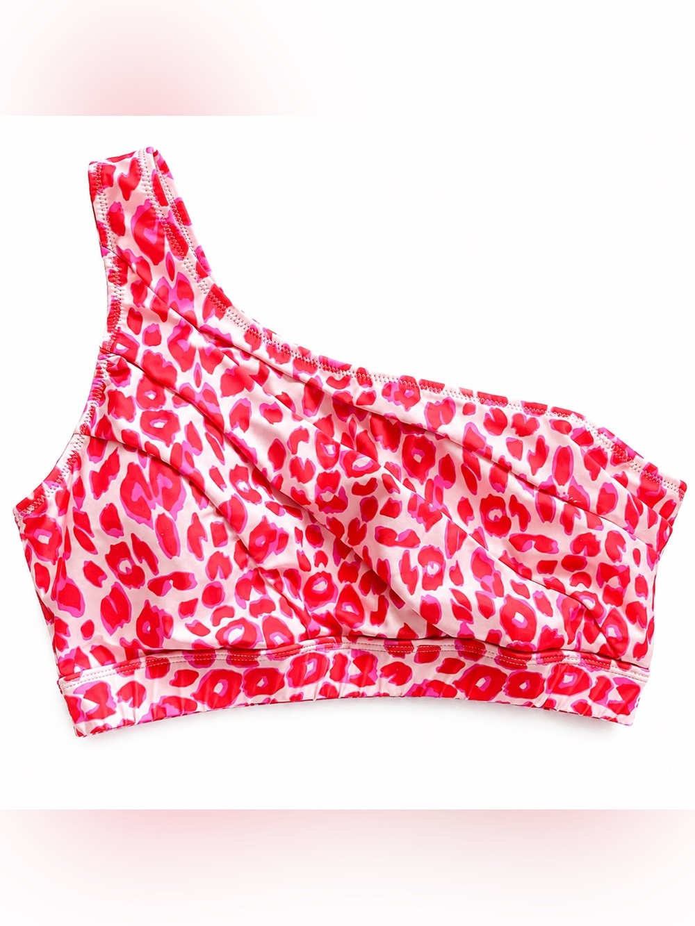 Popvil One Shoulder Pink Leopard Print Bikini Top Sz M | Ruched Cutout Swim Top